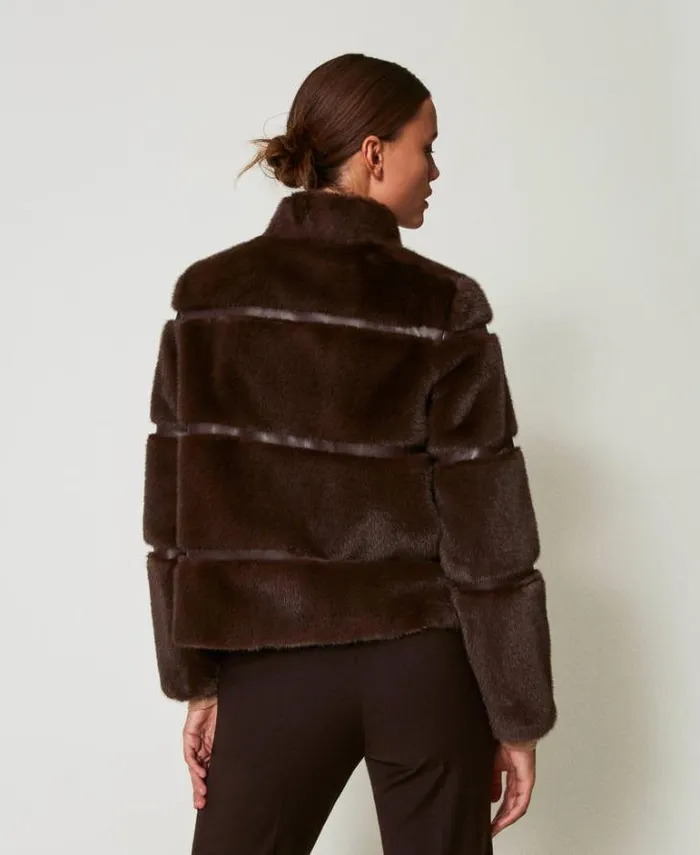 Twinset Coats And Trench Coats Short Faux Fur Coat With Inlays Coffee Chocolate 8211 Clothing