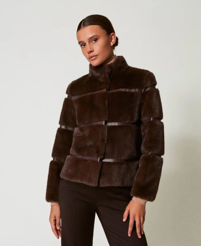 Twinset Coats And Trench Coats Short Faux Fur Coat With Inlays Coffee Chocolate 8211 Clothing
