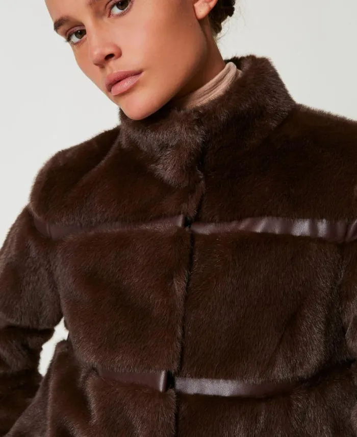 Twinset Coats And Trench Coats Short Faux Fur Coat With Inlays Coffee Chocolate 8211 Clothing
