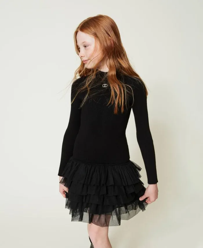 Twinset Dresses Ribbed Knit Dress With Tulle Black 8211 Girl