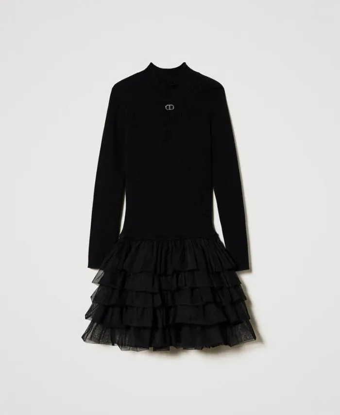 Twinset Dresses Ribbed Knit Dress With Tulle Black 8211 Girl