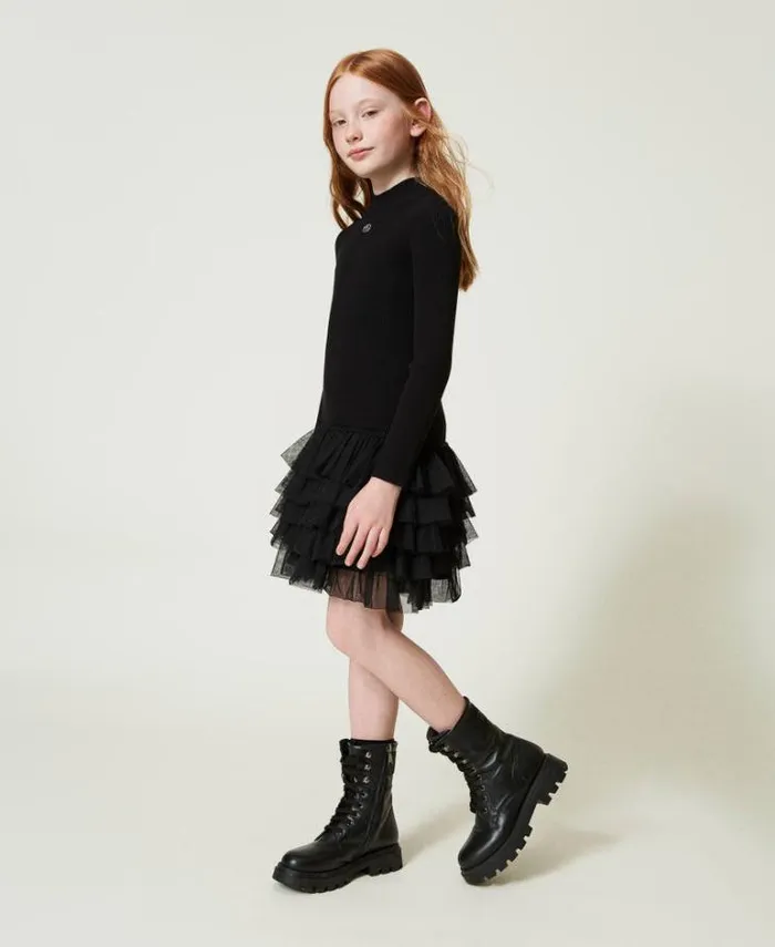 Twinset Dresses Ribbed Knit Dress With Tulle Black 8211 Girl