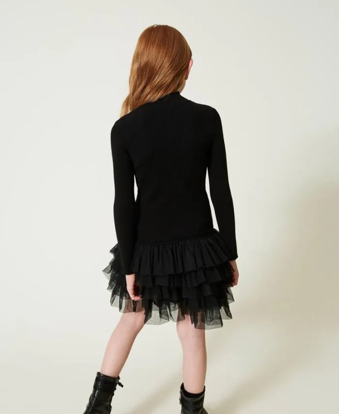 Twinset Dresses Ribbed Knit Dress With Tulle Black 8211 Girl