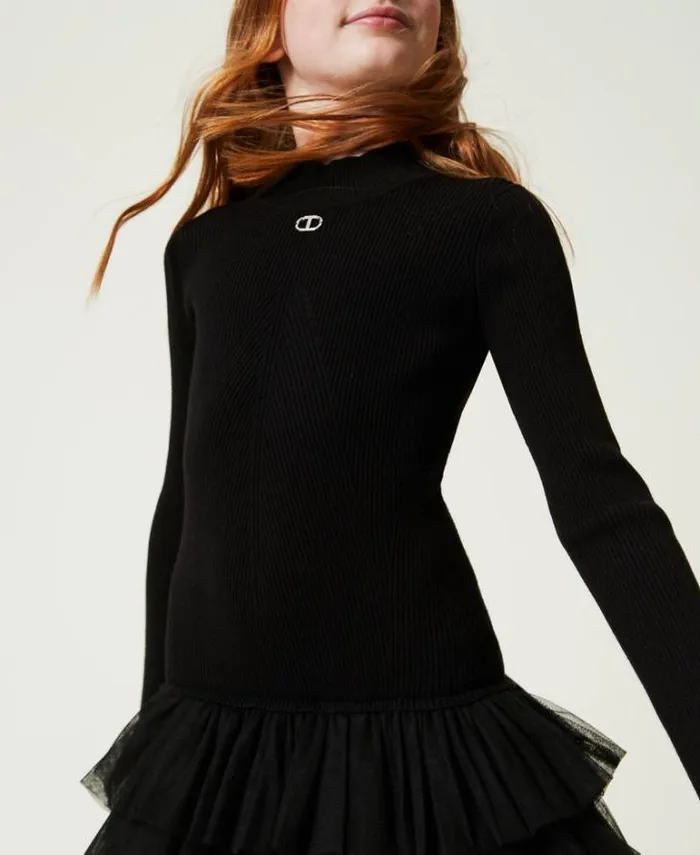 Twinset Dresses Ribbed Knit Dress With Tulle Black 8211 Girl