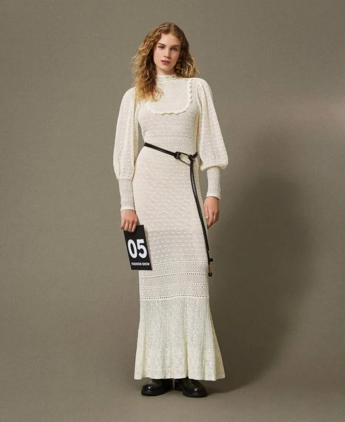 Twinset Elegant Dresses 039Lara039 Long Lace Stitch Knit Dress White Snow 8211 Clothing