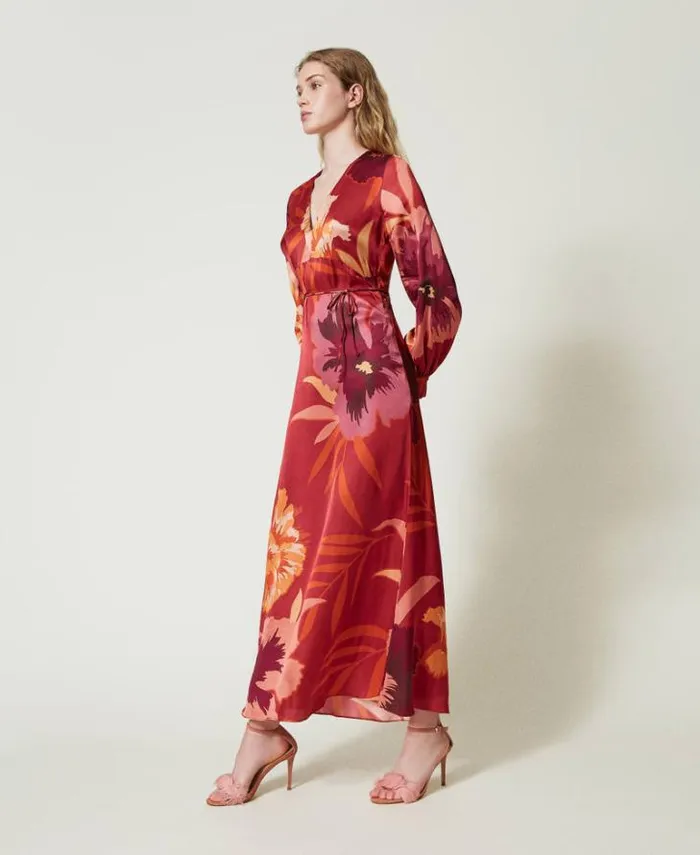 Twinset Elegant Dresses Long Floral Satin Dress Red Red Plum Macro Flowers 8211 Clothing