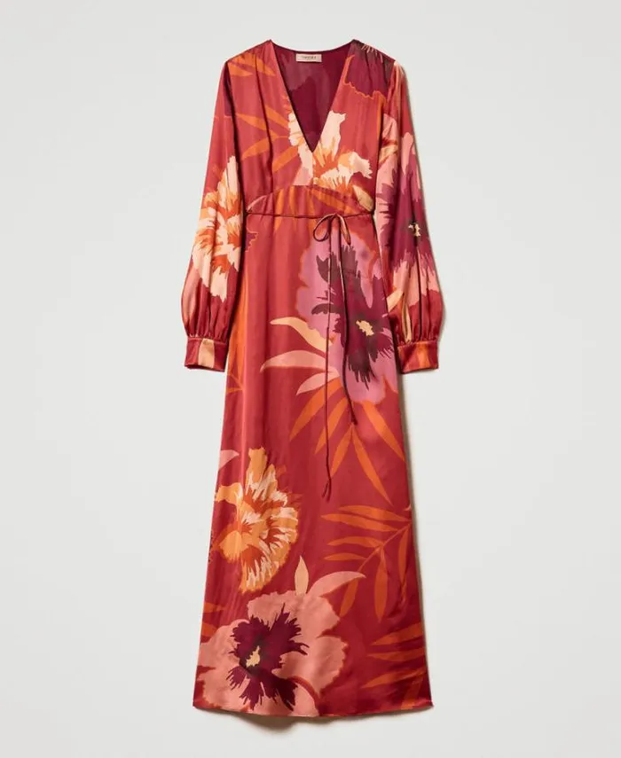 Twinset Elegant Dresses Long Floral Satin Dress Red Red Plum Macro Flowers 8211 Clothing