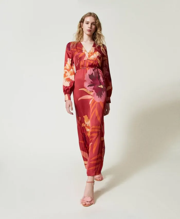 Twinset Elegant Dresses Long Floral Satin Dress Red Red Plum Macro Flowers 8211 Clothing