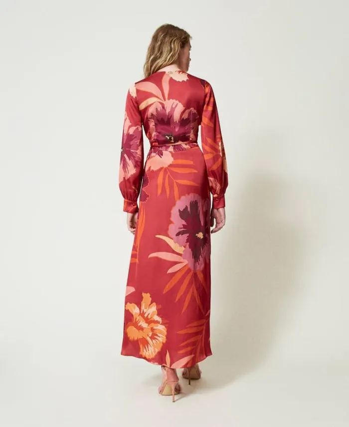 Twinset Elegant Dresses Long Floral Satin Dress Red Red Plum Macro Flowers 8211 Clothing