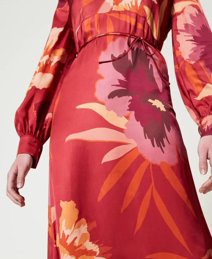 Twinset Elegant Dresses Long Floral Satin Dress Red Red Plum Macro Flowers 8211 Clothing
