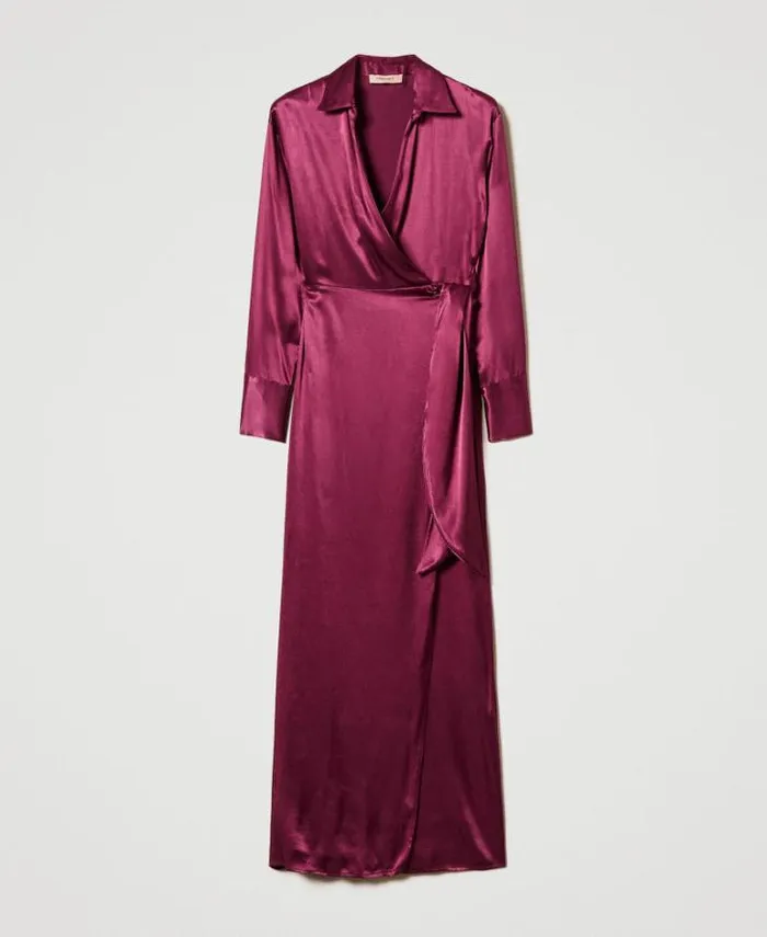 Twinset Elegant Dresses Long Satin Wraparound Dress Burgundy 8211 Clothing