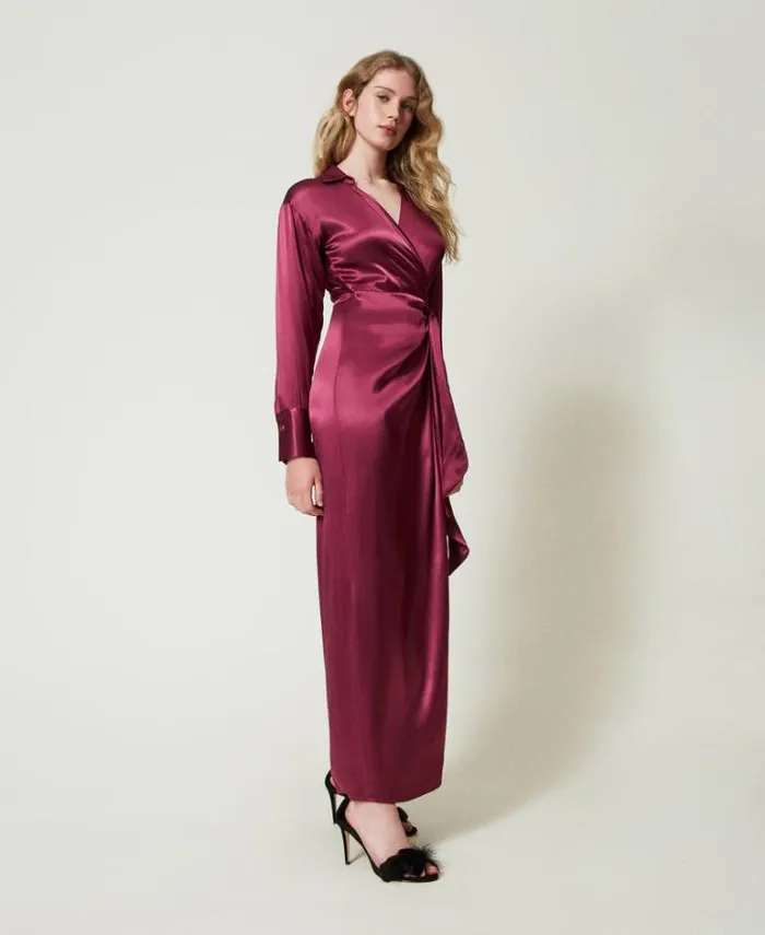 Twinset Elegant Dresses Long Satin Wraparound Dress Burgundy 8211 Clothing