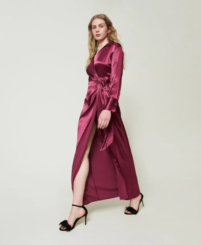 Twinset Elegant Dresses Long Satin Wraparound Dress Burgundy 8211 Clothing