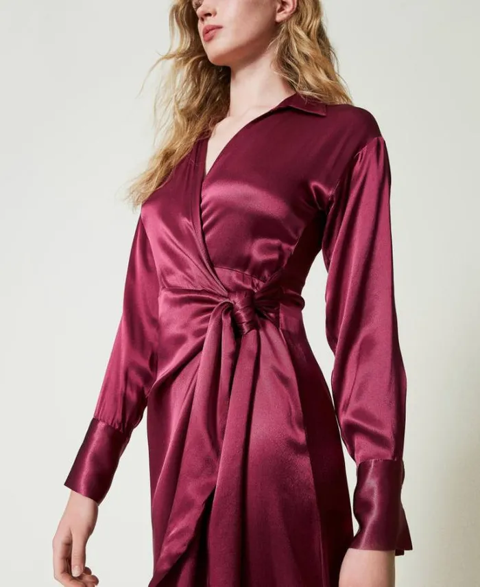 Twinset Elegant Dresses Long Satin Wraparound Dress Burgundy 8211 Clothing