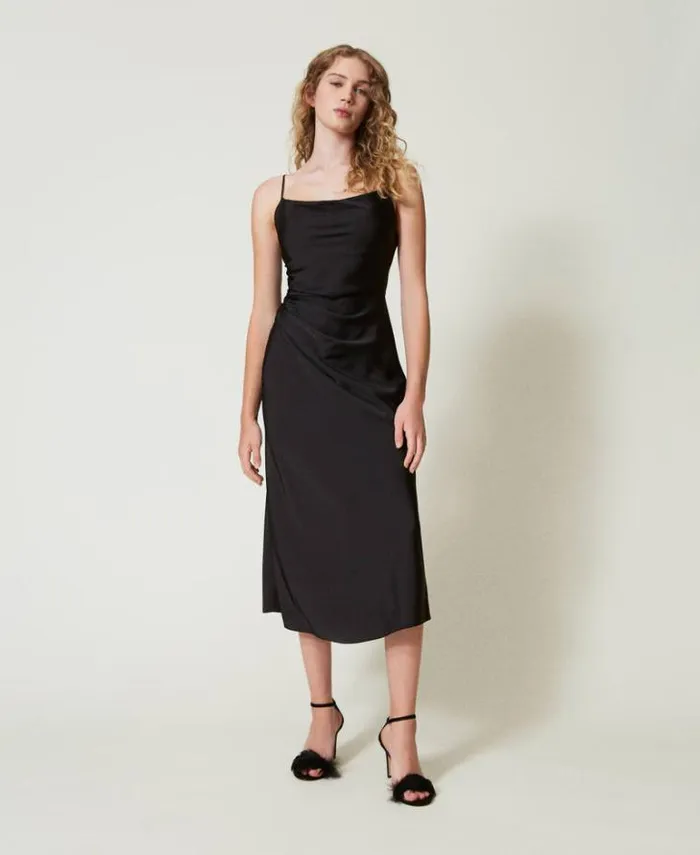 Twinset Elegant Dresses Midi Satin Dress With Draping Black 8211 Clothing