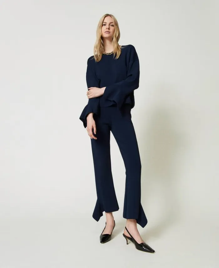 Twinset Flares Flared Knit Trousers With Ruffles Indigo 8211 Clothing