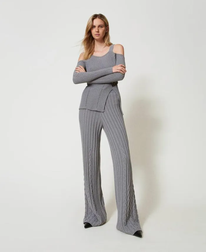 Twinset Flares Treeblend Yarn Flared Trousers With Cable Knit Pattern Light Fume Grey 8211 Clothing