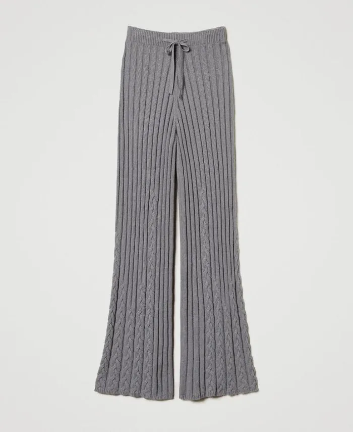 Twinset Flares Treeblend Yarn Flared Trousers With Cable Knit Pattern Light Fume Grey 8211 Clothing