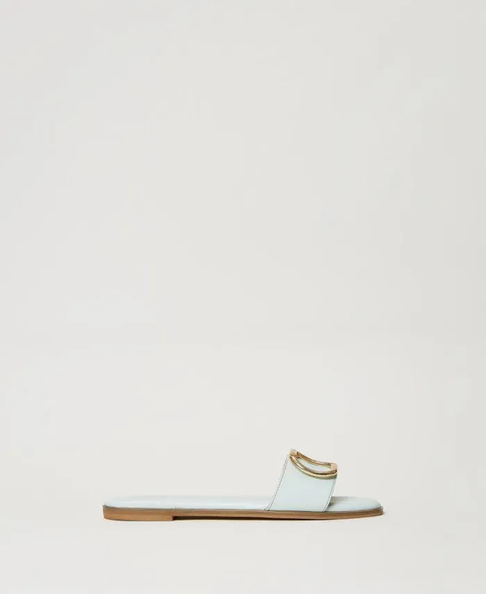 Twinset Flat Shoes Leather Slides With Oval T Agave Green 8211 Shoes