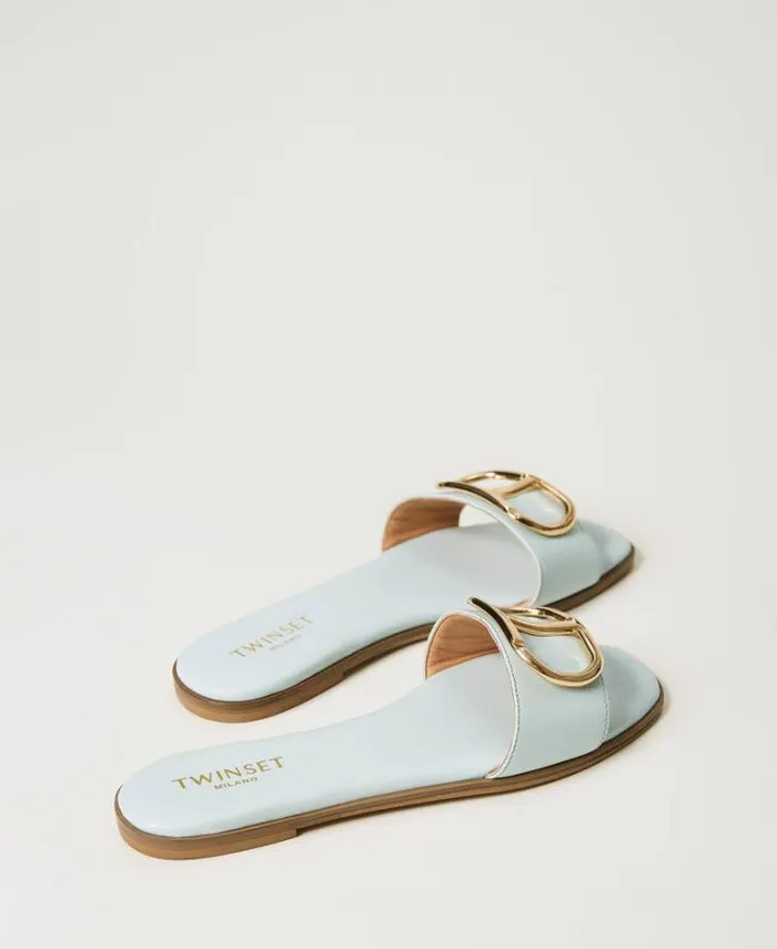 Twinset Flat Shoes Leather Slides With Oval T Agave Green 8211 Shoes