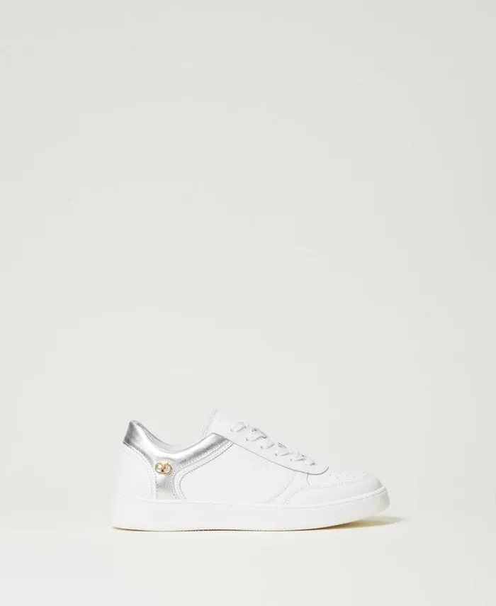 Twinset Flat Shoes Leather Trainers With Laminated Inserts Twotone Optical White Silver 8211 Shoes Twinset Flat Shoes Leather Trainers With Laminated Inserts Twotone Optical White Silver 8211 Shoes