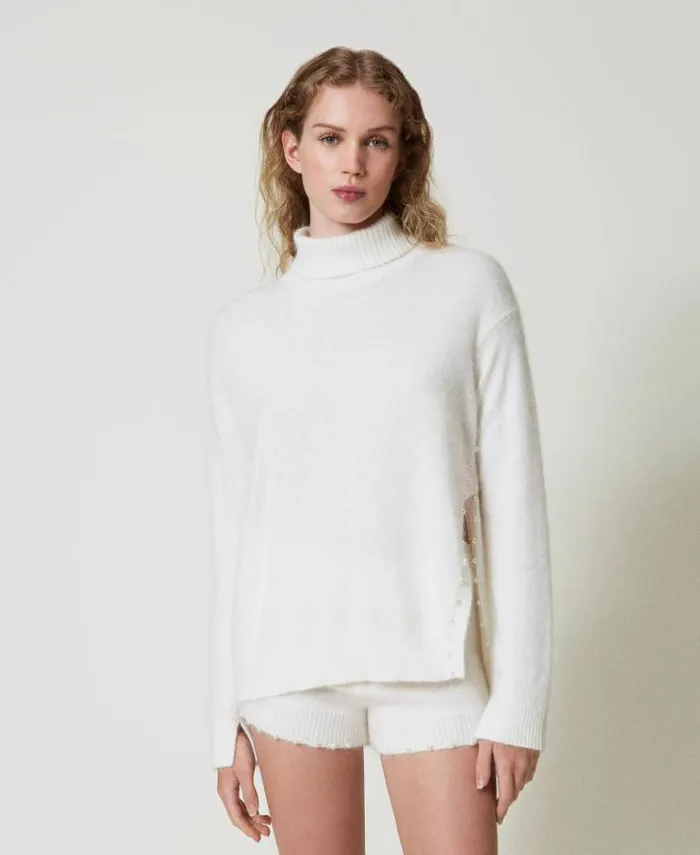 Twinset Jumpers And Cardigans Angora Blend Turtleneck With Pearls White Snow 8211 Clothing
