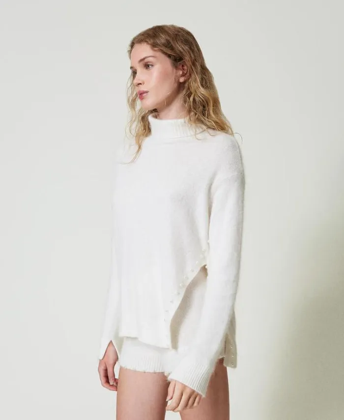 Twinset Jumpers And Cardigans Angora Blend Turtleneck With Pearls White Snow 8211 Clothing