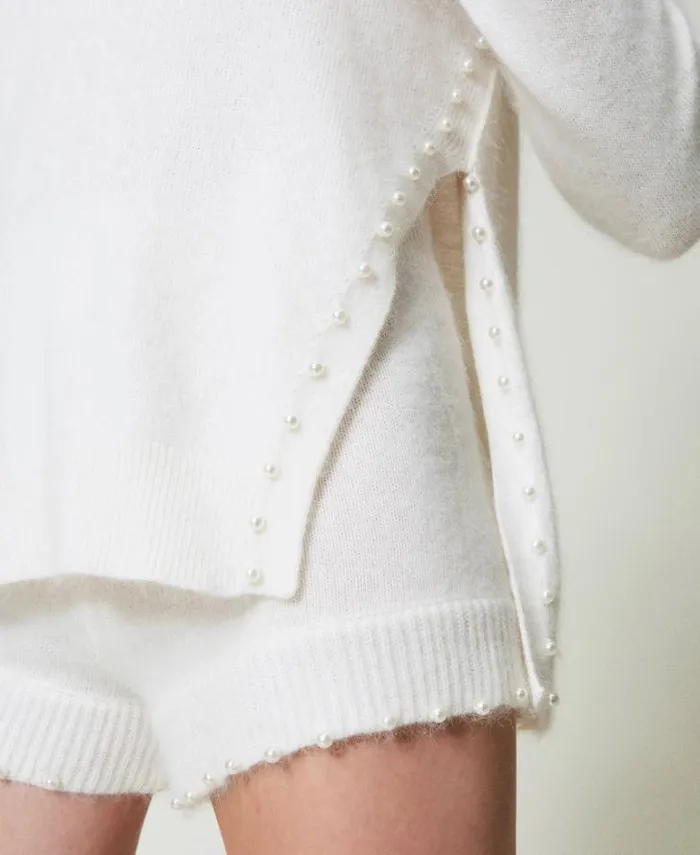 Twinset Jumpers And Cardigans Angora Blend Turtleneck With Pearls White Snow 8211 Clothing