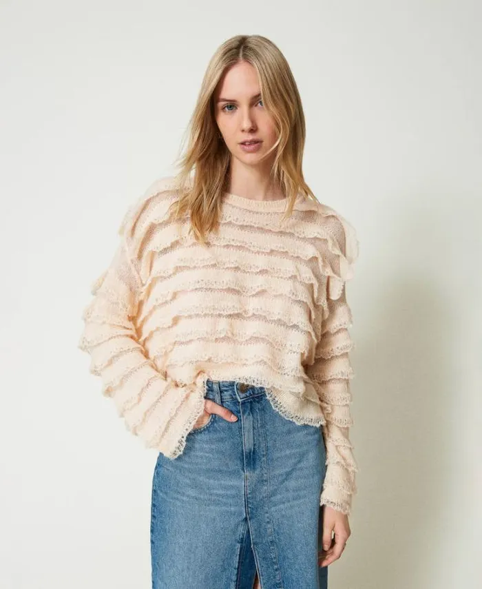 Twinset Jumpers And Cardigans Boxy Jumper With Lace Effect Flounces Peach Pink 8211 Clothing Twinset Jumpers And Cardigans Boxy Jumper With Lace Effect Flounces Peach Pink 8211 Clothing