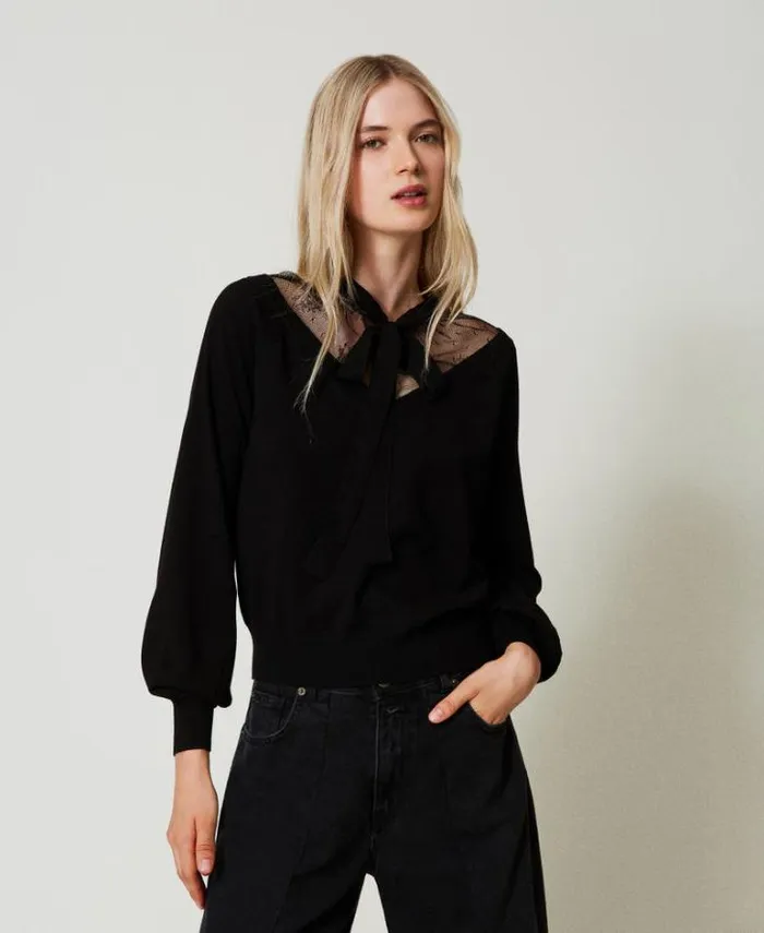 Twinset Jumpers And Cardigans Jumper With Lace And Bow Black 8211 Clothing