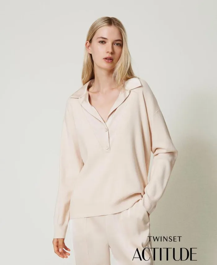Twinset Jumpers And Cardigans Jumper With Satin Collar Pink Cloud Pink 8211 Clothing