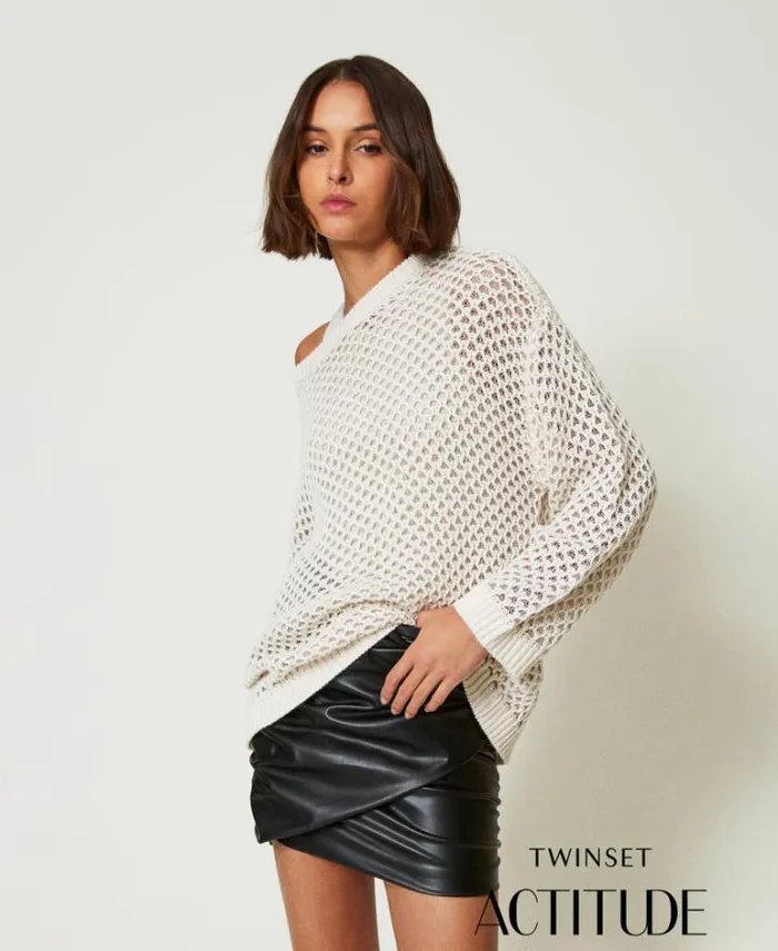 Twinset Jumpers And Cardigans MYFO Oversize Mesh Jumper With Lurex Twotone Snow White Platinum 8211 Clothing Twinset Jumpers And Cardigans MYFO Oversize Mesh Jumper With Lurex Twotone Snow White Platinum 8211 Clothing