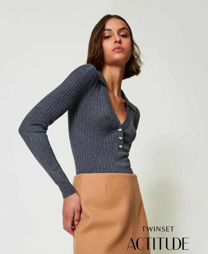 Twinset Jumpers And Cardigans Ribbed Jumper With Embroidery Mid Melange Grey 8211 Clothing Twinset Jumpers And Cardigans Ribbed Jumper With Embroidery Mid Melange Grey 8211 Clothing