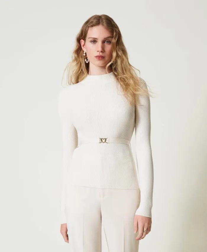 Twinset Jumpers And Cardigans Turtleneck Jumper With Belt Mother Of Pearl 8211 Clothing Twinset Jumpers And Cardigans Turtleneck Jumper With Belt Mother Of Pearl 8211 Clothing