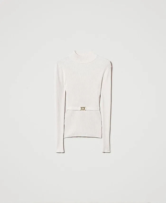 Twinset Jumpers And Cardigans Turtleneck Jumper With Belt Mother Of Pearl 8211 Clothing