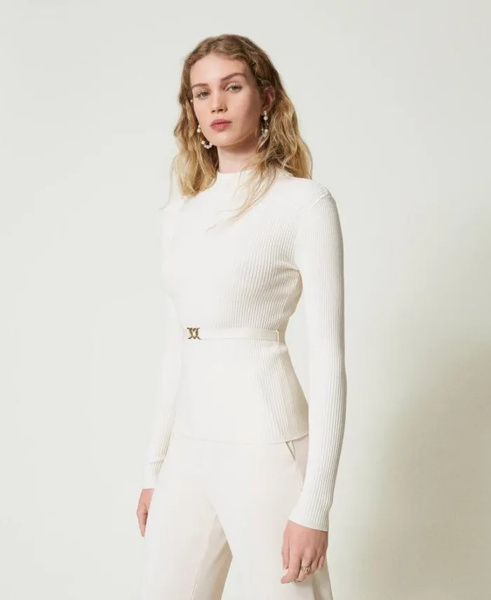 Twinset Jumpers And Cardigans Turtleneck Jumper With Belt Mother Of Pearl 8211 Clothing