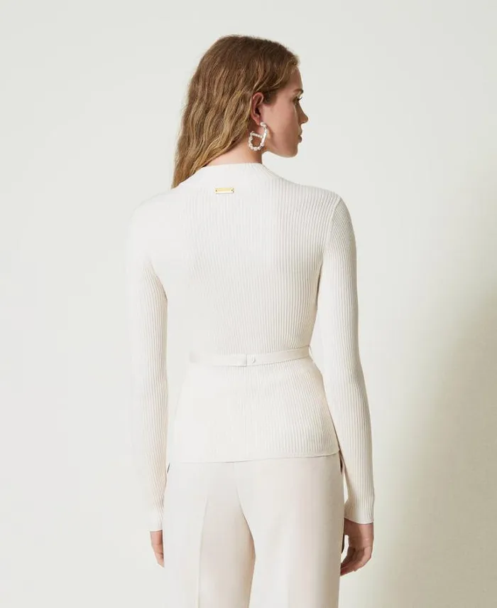 Twinset Jumpers And Cardigans Turtleneck Jumper With Belt Mother Of Pearl 8211 Clothing