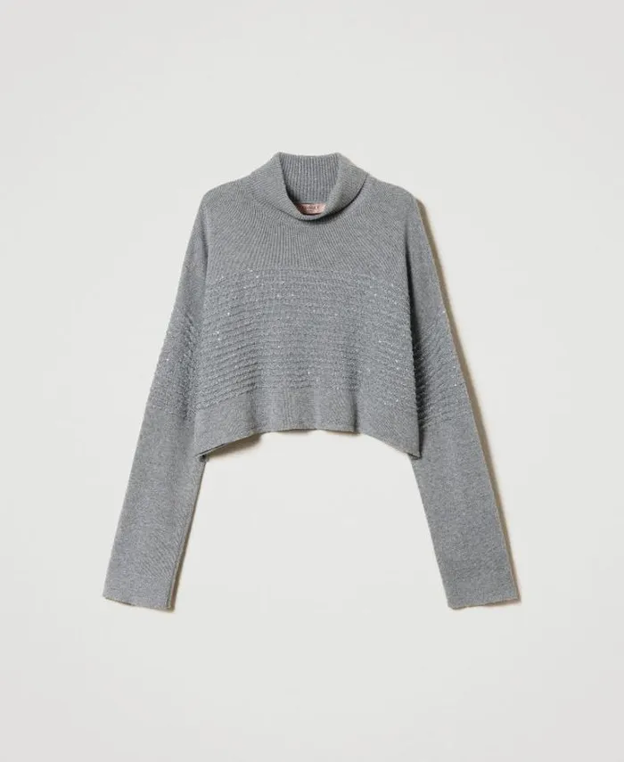Twinset Jumpers And Cardigans Wool Blend Turtleneck Jumper With Sequins Warm Melange Gray 8211 Clothing