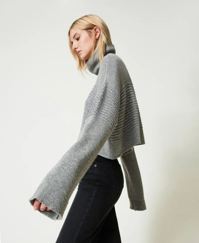 Twinset Jumpers And Cardigans Wool Blend Turtleneck Jumper With Sequins Warm Melange Gray 8211 Clothing