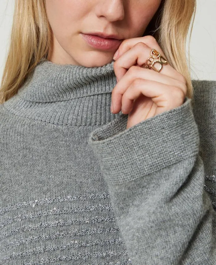 Twinset Jumpers And Cardigans Wool Blend Turtleneck Jumper With Sequins Warm Melange Gray 8211 Clothing