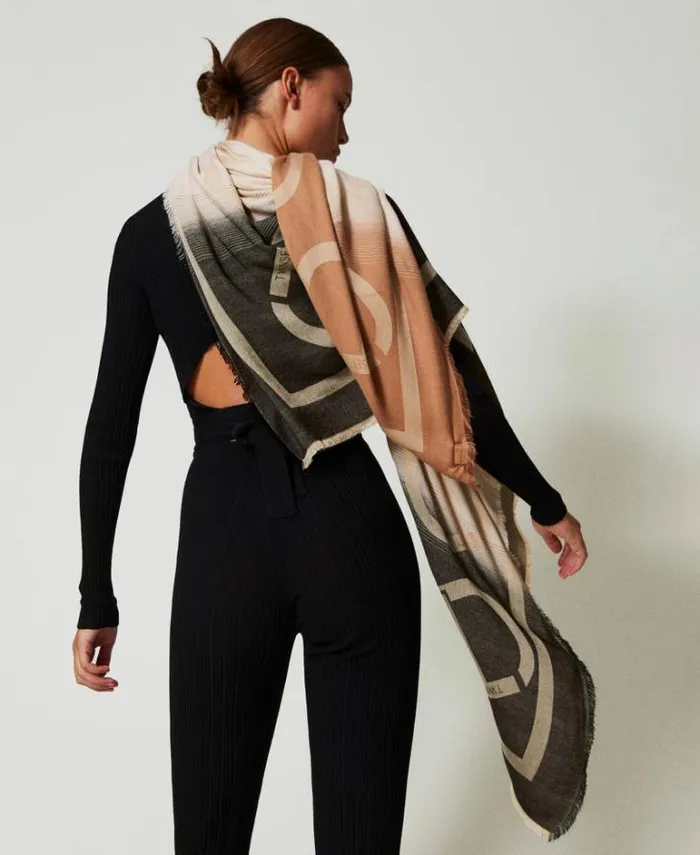 Twinset Scarves Jacquard Kefiah With Oval T Multicolour Black Old White Sandy Brown 8211 Accessories