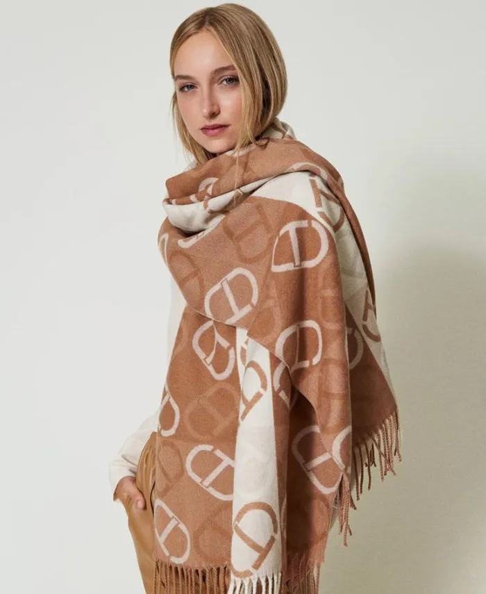 Twinset Scarves Jacquard Wool Cloth Stole With Oval T Sandy Brown Jacquard Oval T 8211 Accessories