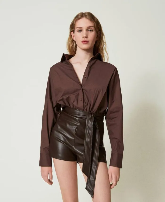 Twinset Short Dresses Short Poplin And Coated Fabric Jumpsuit Chocolate 8211 Clothing