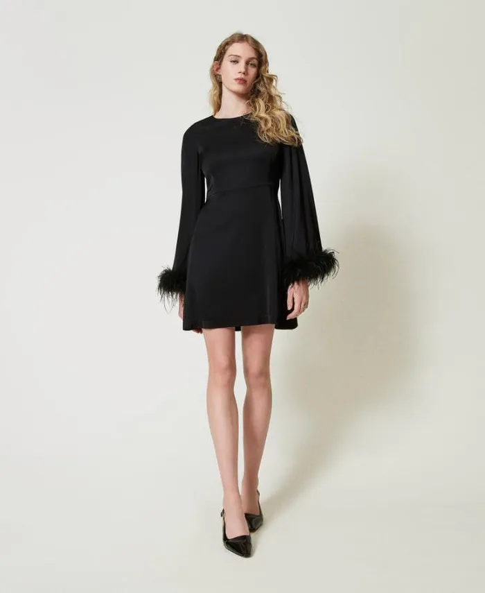 Twinset Short Dresses Short Satin Dress With Feathers Black 8211 Clothing