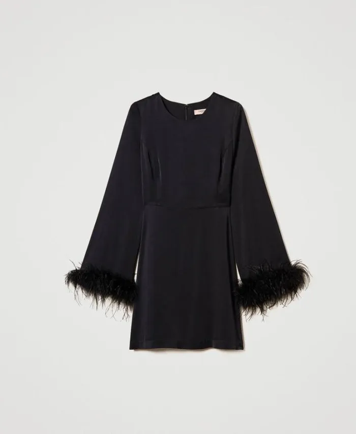 Twinset Short Dresses Short Satin Dress With Feathers Black 8211 Clothing