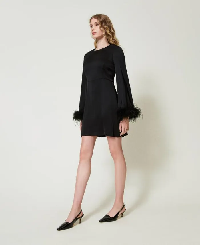 Twinset Short Dresses Short Satin Dress With Feathers Black 8211 Clothing