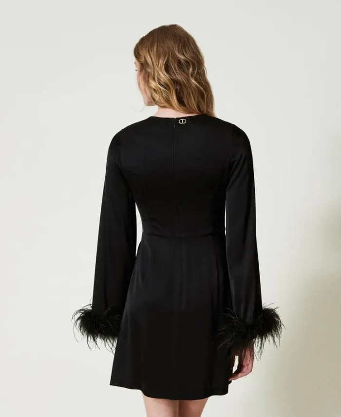 Twinset Short Dresses Short Satin Dress With Feathers Black 8211 Clothing
