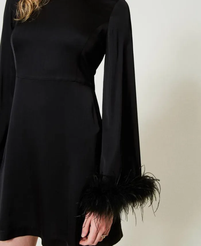 Twinset Short Dresses Short Satin Dress With Feathers Black 8211 Clothing