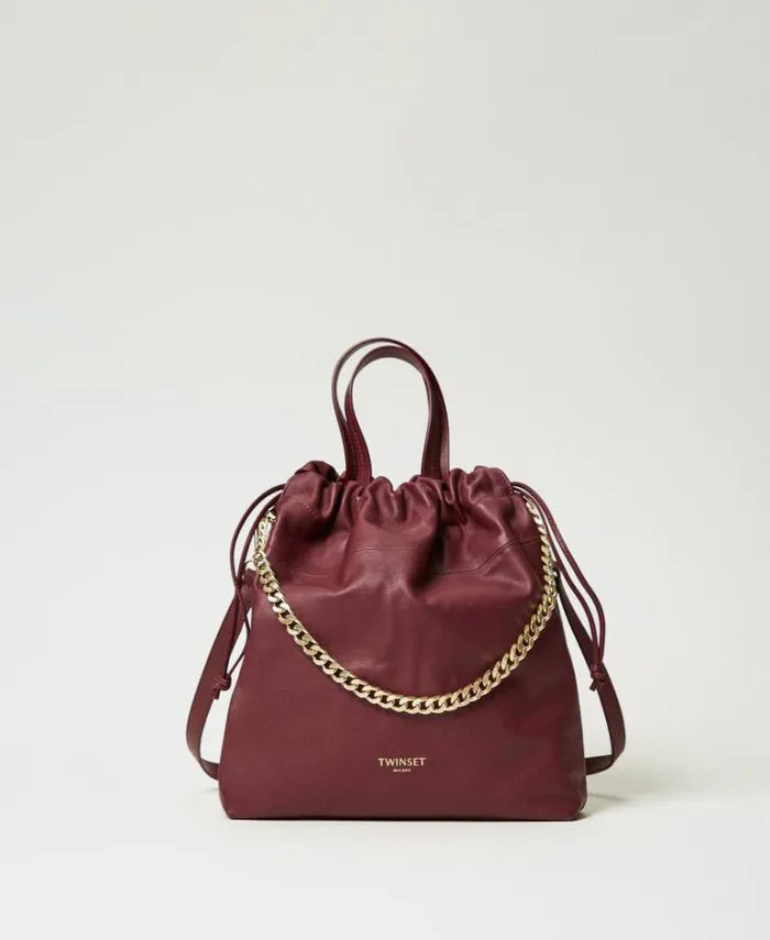 Twinset Shoulder Bags Medium Leather Shopper Bag With Drawstring Bordeaux 8211 Bags