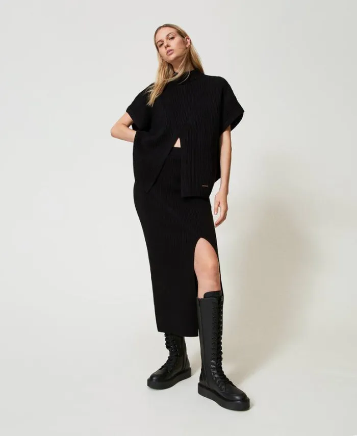 Twinset Skirts Ribbed Knit Midi Skirt Black 8211 Clothing